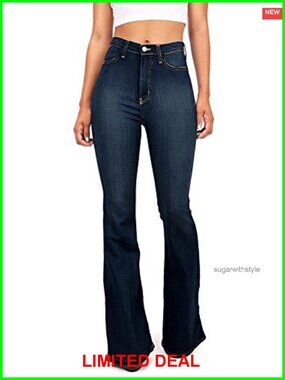 High Waist Fitted Flared Denim Jeans Stretch Faux Pockets